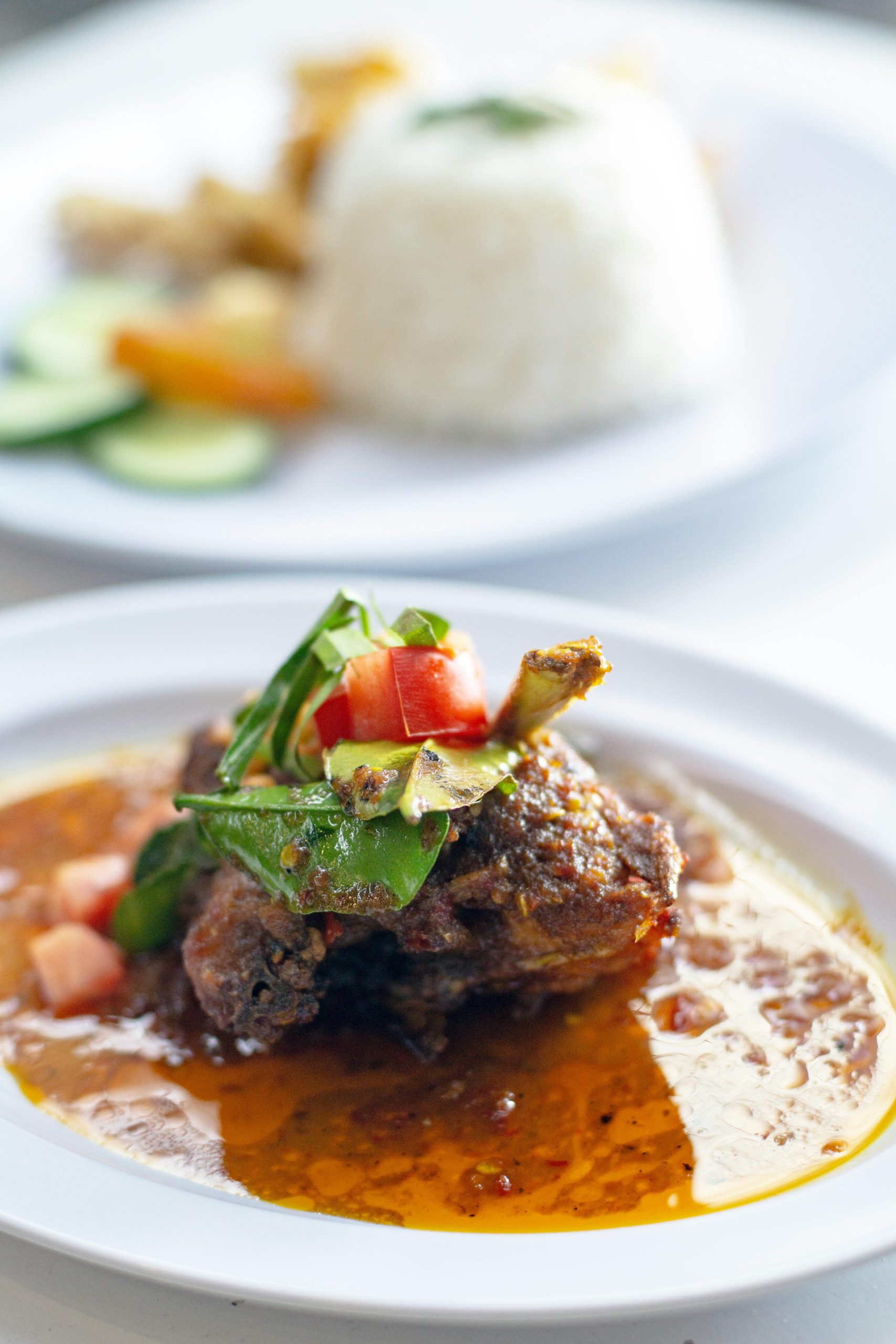 Delicious Indonesian beef rendang served with rice on a white plate.